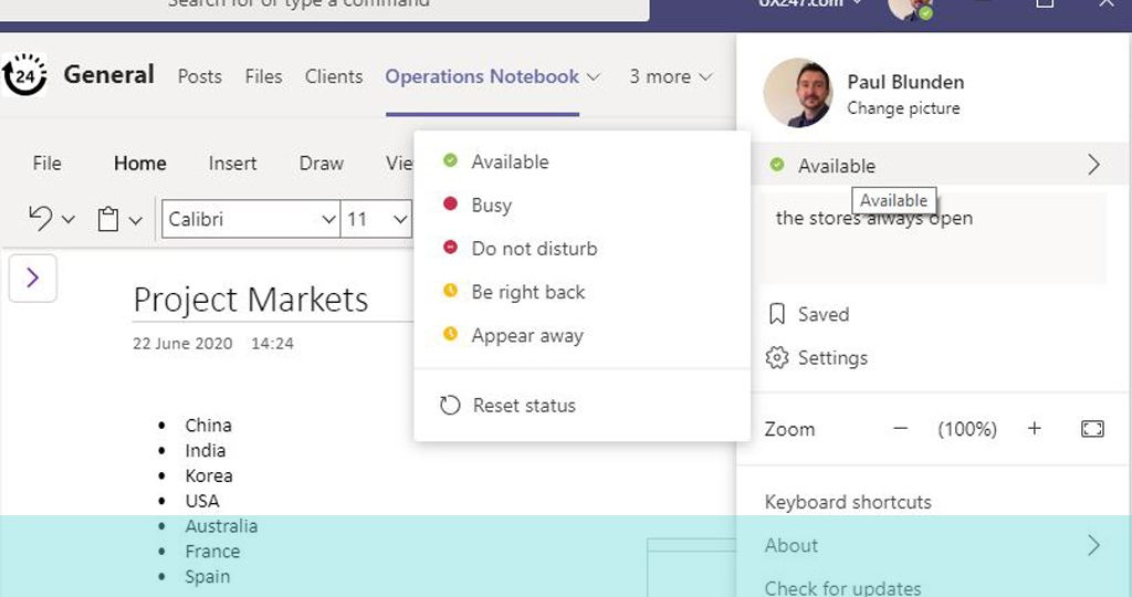 Bildschirmgranulat der "Nicht stören"-Optionen wird in Microsoft Teams angezeigt