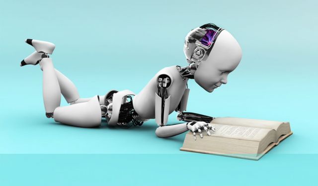 Bild eines Roboters, der ein Buch liest