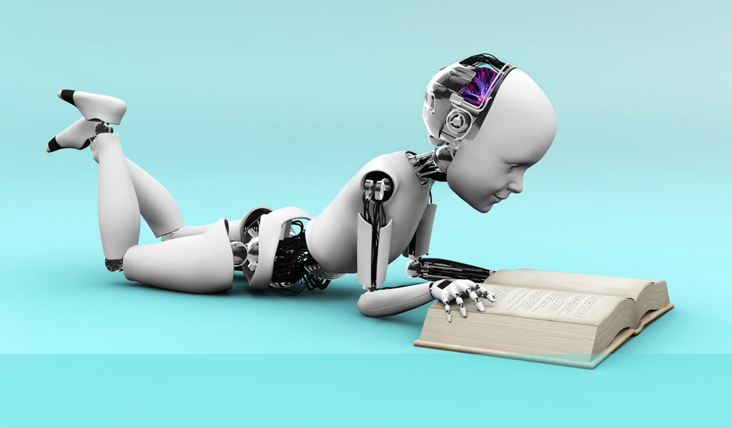 Foto de um robô lendo um livro