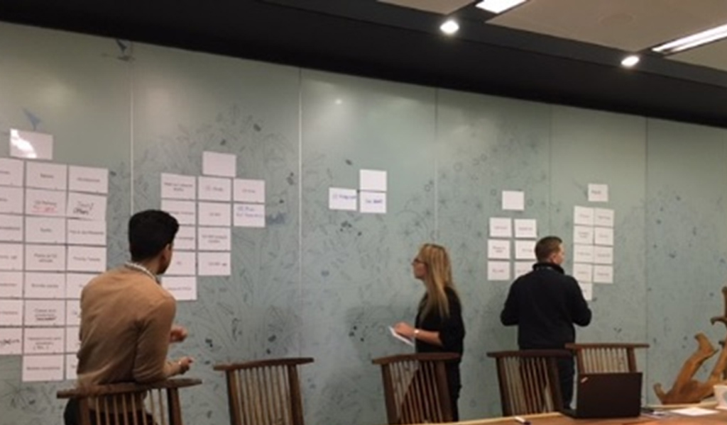photo of stakeholders using a large board and post it notes