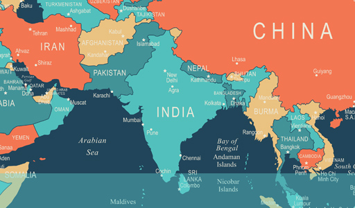 显示印度位置的世界地图