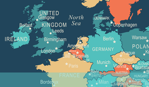 Mapa mostrando a localização da Holanda e da Bélgica no mundo