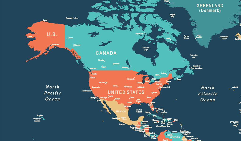ABD ve Kanada'nın konumunu gösteren renkli harita