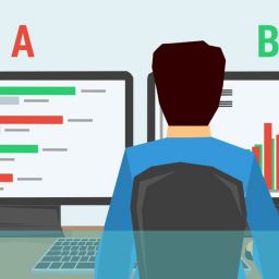 Illustration einer Person, die vor zwei Monitoren steht, auf denen unterschiedliche Daten und die Buchstaben A und B zu sehen sind.