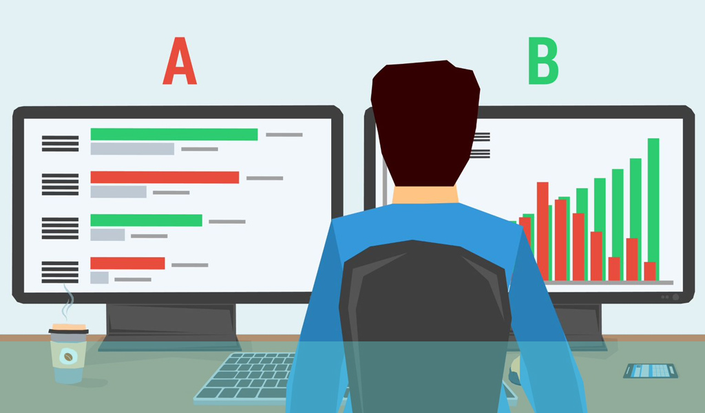 Illustration of a person facing two monitors that show different data and the letters A and B over them.