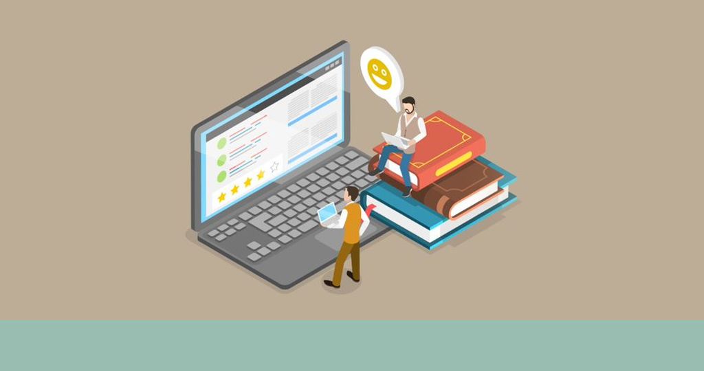 illustration of person sat on stack of boooks in front of giant laptop with another person looking at the screen