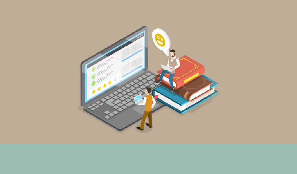 illustration of person sat on stack of boooks in front of giant laptop with another person looking at the screen