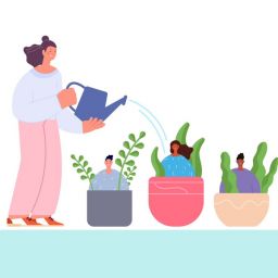 Illustration of l;ady with a watering can sprinkling water on pots with people that are growing