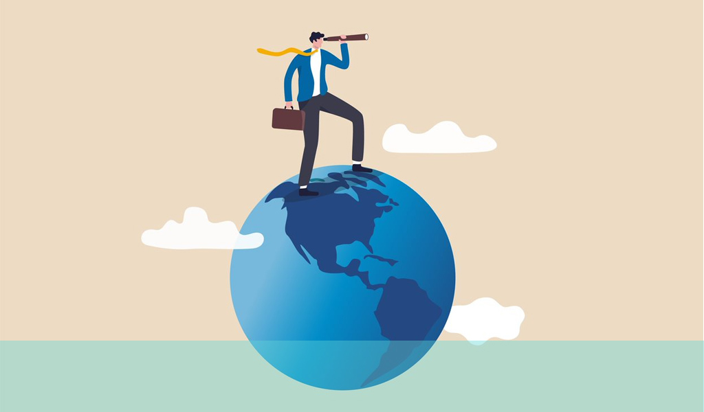 Illustration of someone standing on top of a globe looking into the distance
