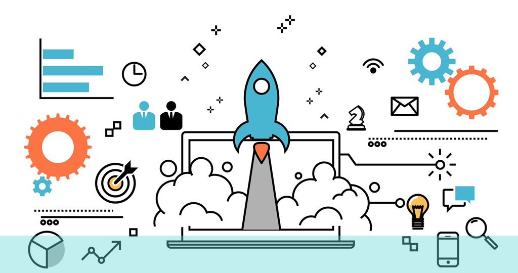 illustration of rocket launching from laptop with other digital motifs scattered around