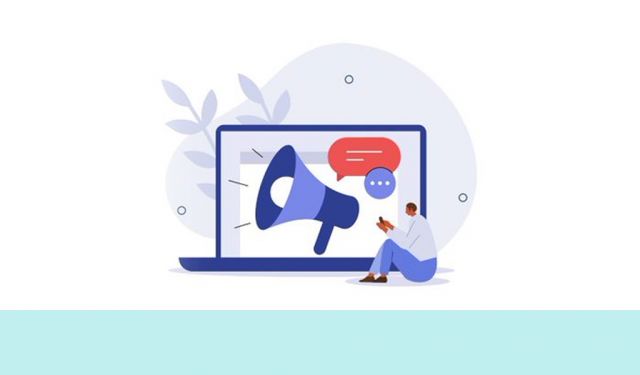 illustration of person sat in front of lkarge laptop with megaphone and smartphone