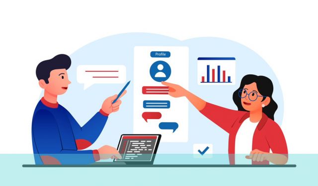 Illustration of man and woman looking at a personas details on a screen