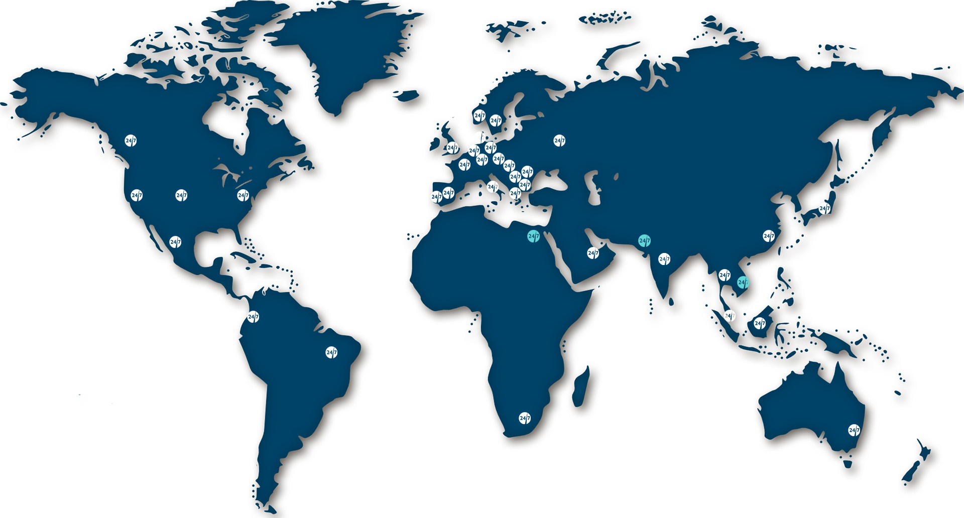 map of the world in dark blue with white logo roundels in UX24/7 locations