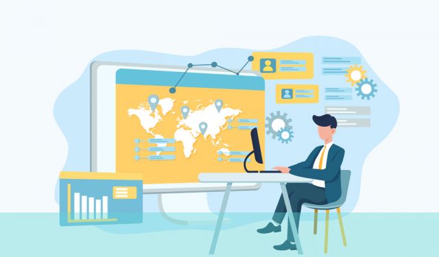 デスクに座った人物とその周りのデータ、画面のイラスト。