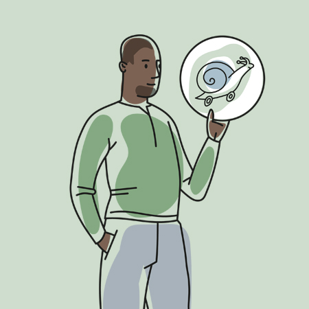Illustration of man holding card with superfast snail as a metaphor for accelerate