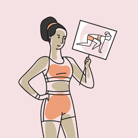 一位女运动员在起跑线上拿着印有自己形象的卡片，比喻表演。