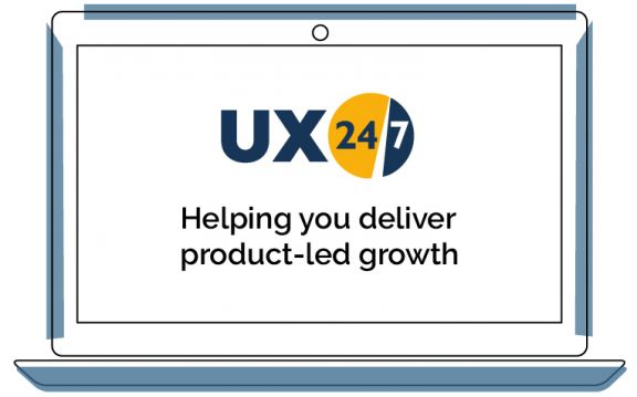 ilustrasi monitor komputer opf dengan logo UX247 dan tulisan yang membantu Anda memberikan pertumbuhan yang dipimpin oleh produk