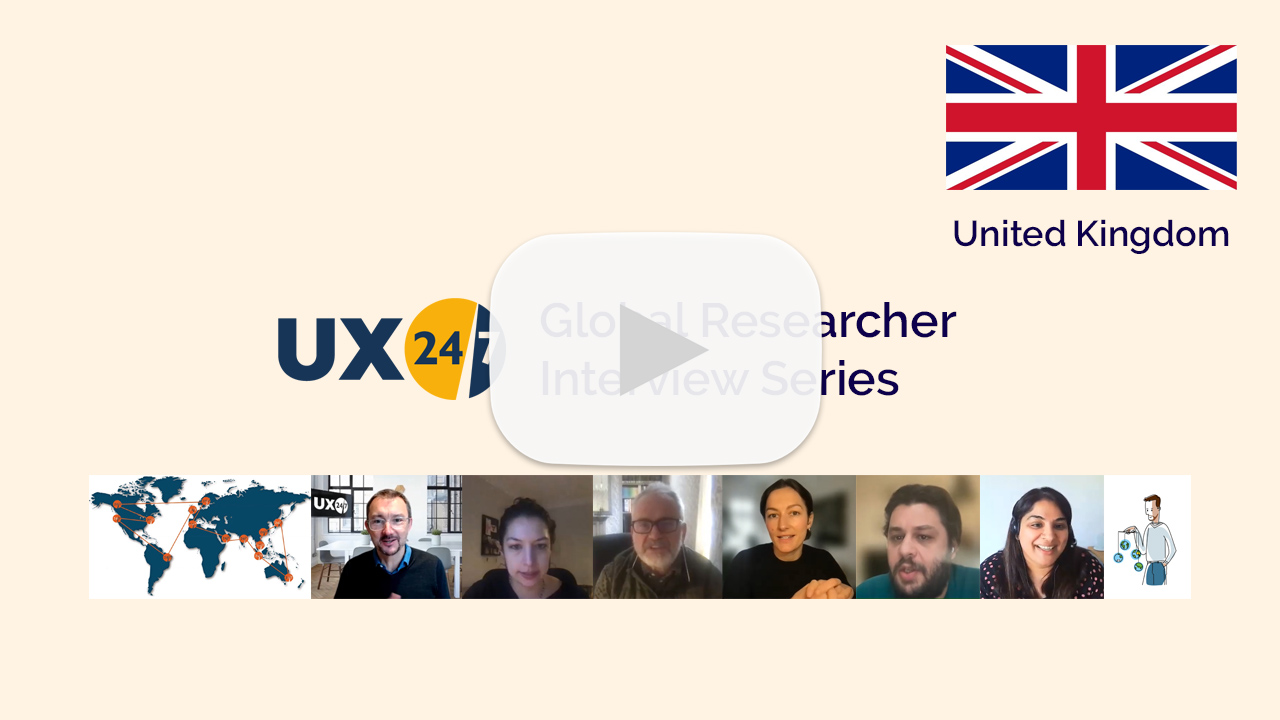 imagen de portada con botón de reproducción bandera del Reino Unido y caras de los entrevistados