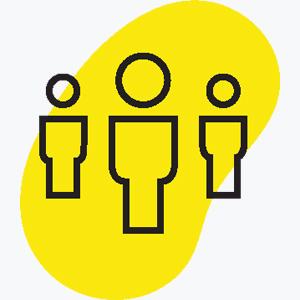 Illustration von drei Stiftmenschen auf einem gelben Klecks Hintergrund
