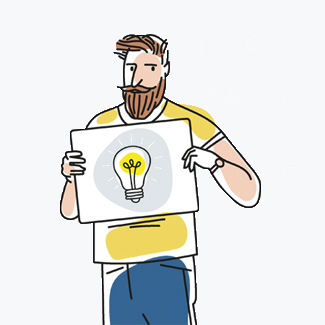 ilustrasi seorang pria berjanggut mengenakan kaos kuning, memegang papan dengan bola lampu di atasnya
