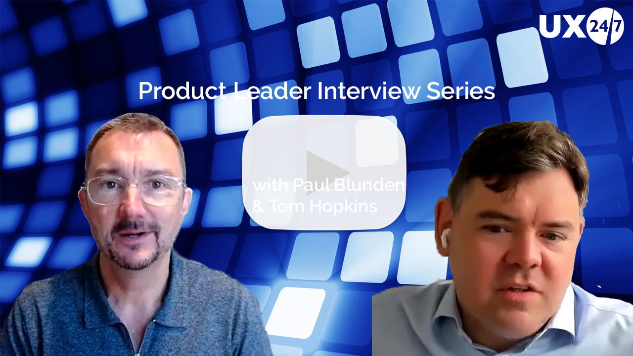 Imagem da capa com fotos de Paul Blunden e Tom Hopkins com um botão de reprodução entre eles e o título Product Leadership interviews