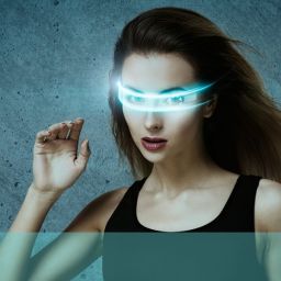 futuristisches Foto im Stil einer Frau, die eine halbtransparente, beleuchtete Augenbinde trägt