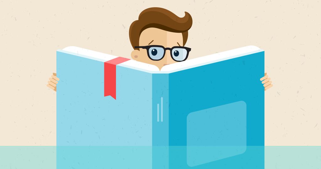 Illustration of a man in spectacles peering over an open book