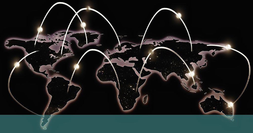 Abbildung der Weltkugel mit einem von Land zu Land springenden Lichtstrahl