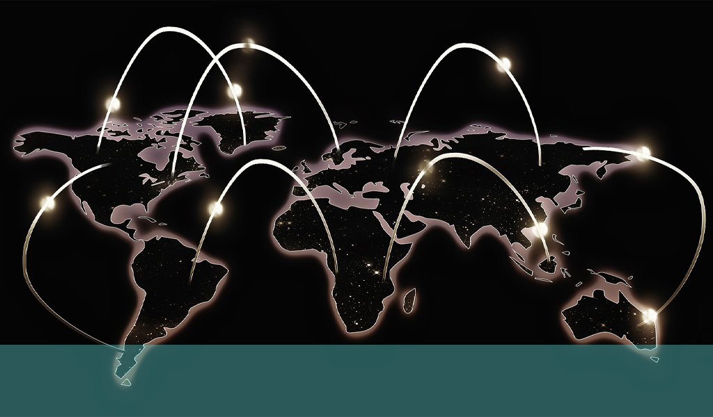 gambar bola dunia dengan berkas cahaya yang melompat dari satu negara ke negara lain